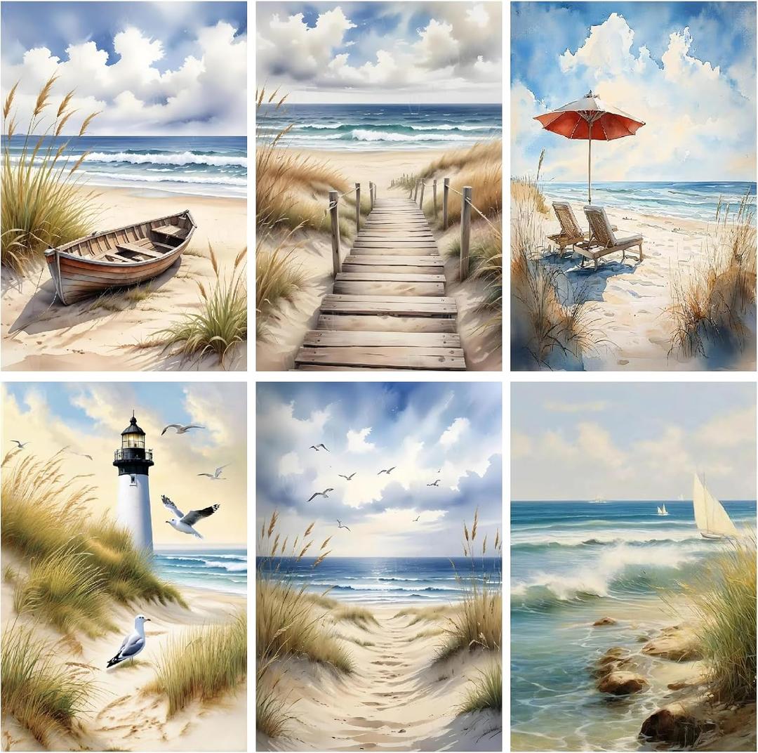 uuxsretaio 6 Pack Paint by Numbers Kits for Adults Beginners, Beach Paint by Number Kits on Canvas, DIY Acrylic Oil Painting Kits with Brushes for Home Wall Decor (8x12 inches Without Framed)