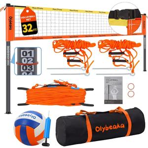 32ft / 20ft Portable Outdoor Volleyball Net Set for Grass Backyard Beach with 1.25" Height Adjustable Steel Poles, 28-ply Durable PE Net, PU Volleyball & Pump, Carry Bag