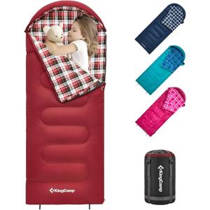 KingCamp 45 F Kids Sleeping Bag, Lightweight Waterproof & Compact Flannel Sleeping Bags Cold Weather & Warm Youth Essentials Gear Accessories for Camping, Fits 10-12 Children up to 5'5" Tall (66.9" x 27.5", 8.6F ~44.6F Red Left)