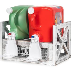 Laundry Detergent Holder with Drip Tray Catcher - Wooden Farmhouse Laundry Room Decor - Rustic Detergent Holder Accessories for New Home Storage, Space-Saving Organizers Decor Must Haves