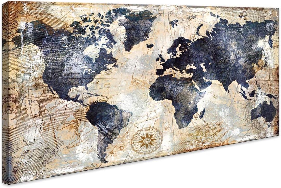 World Map Wall Art Framed Art Print Picture Wall Art Decor Home Interior - Map Picture for Office Wall Decor Canvas Artwork 20x40inch Ready to Hang