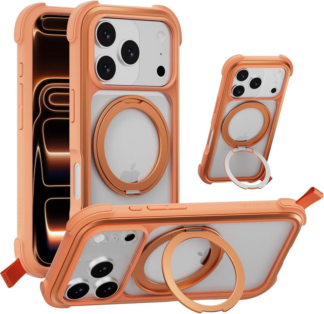 MAGEASY Compatible with iPhone 17 Pro 6.3" Case with 360 Rotatable Stand - 20ft Ultimate Drop Protection, Compatible with MagSafe, Embedded Aluminum Frame | Odyssey Stand M (Coral)