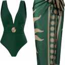 SherryDC One Piece Swimsuit with Cover up Wrap Skirt Sarong Floral Print Plunge V Neck Bathing Suit for Women (Small, 151-green)