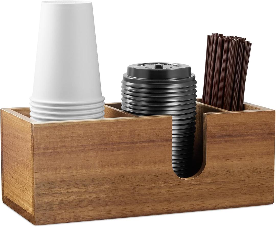 ALELION Acacia Wood Coffee Cup Holder for Countertop - Wood Coffee Bar Accessories and Organizer - Coffe Station Organizer for Cup Lid Stirrers Pod