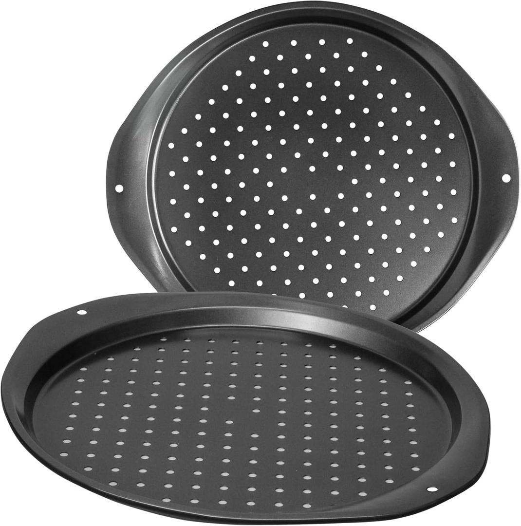 Pizza Pan 14-Inch Non-Stick Large with Perforated Round Carbon Steel Pizza Baking Pan, suitable for home and restaurant use. 2-Piece,Pizza Tray - Dishwasher Safe (Dark gray) (Black)