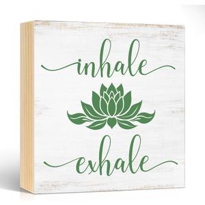 Inhale Exhale Wooden Box Sign, Inspirational Gifts for Women Friend Coworker, Funny Lotus Wood Box Sign Decor for Home Office Farmhouse Bedroom Yoga Spa Room, Meditation Gifts for Yoga Lover