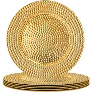 MAONAME 13" Gold Charger Plates Set of 6, Plastic Charger for Dinner Plates, Electroplated Plate Chargers, Hammer Round Chargers for Table Setting, Wedding Decor