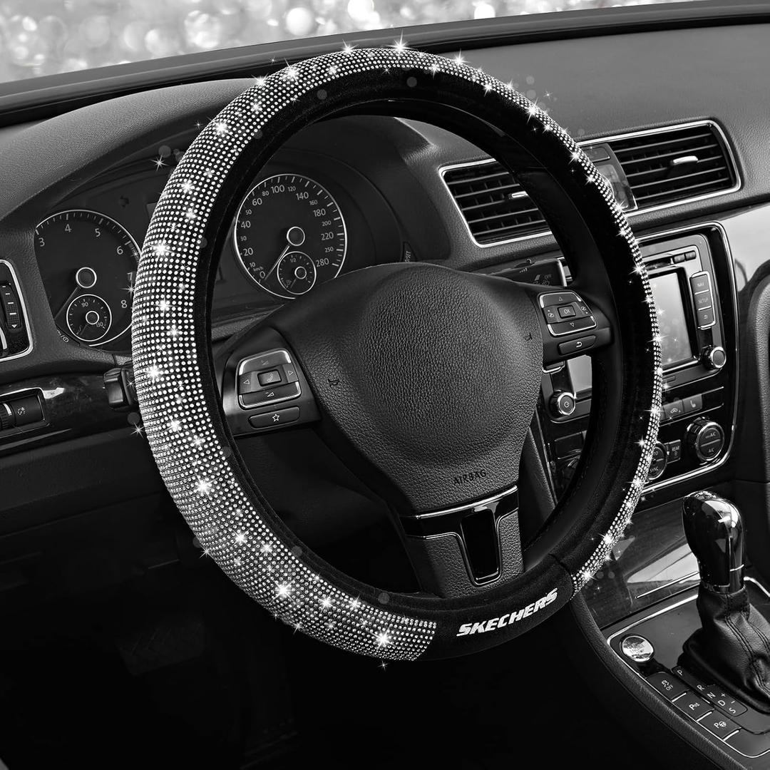 Skechers Womens Bling Steering Wheel Cover, Velvet with Sparkly Crystal Rhinestones, Stylish Car Interior Gift, Universal Fit 14" 1/2-15" for Cars, SUVs, Trucks, Silver Diamond