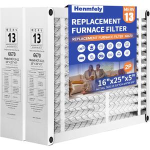 2 Pack 16x25x5 Furnace Filter Replacement Compatible with Lennox X6670 HCF16, MERV 13, Pleated HVAC, Foldable Design Easy Installation