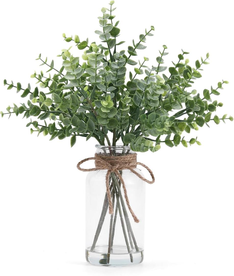 Artificial Eucalyptus Stem in Vase,Realistic Greenery Small Fake Eucalyptus Plant for Coffee Table Centerpieces Farmhouse Shelf Bathroom Home Office Desk Decor