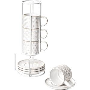 LE TAUCI 4 oz Stackable Espresso Cups with Saucers and Stand, Set of 4, Ceramic Coffee Cup Set for Double Shot, Macchiato, Lungo, Ristretto, Microwave & Oven Safe - Embossed White
