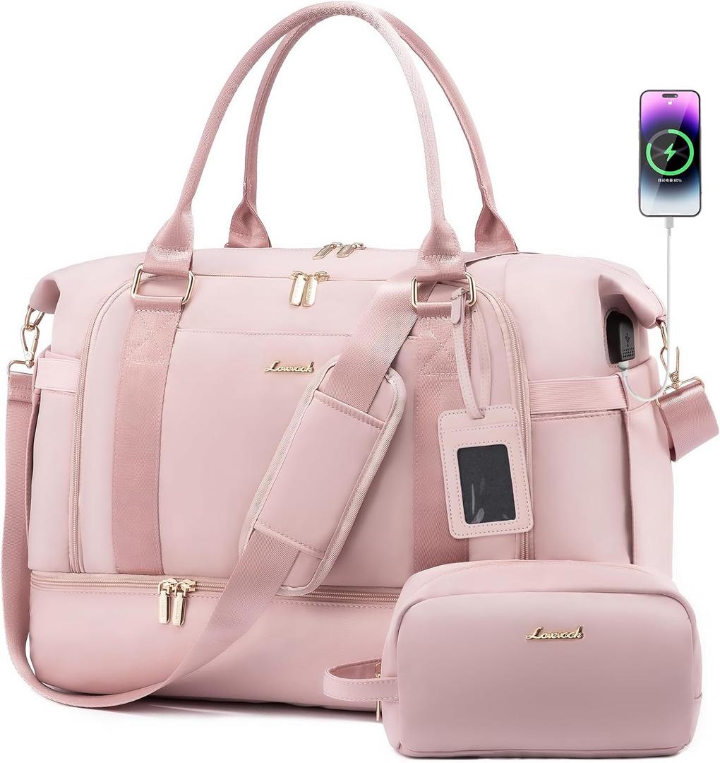 Gym Bag for Women LOVEVOOK Travel Duffel Bag with USB Charging Port,Weekender Bags for Women with Shoe Compartment,Carry on Overnight Bag with Toiletry Bag,Hospital Bags for Labor and Deliver (Large-with Baggage Tag, Light Pink)
