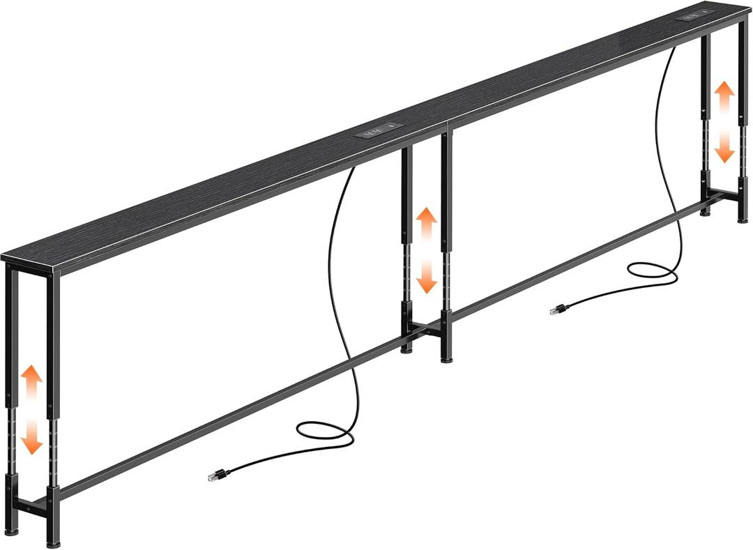 Huuger 110.2 Inch Sofa Table with Power Outlets, 23.9’’-34.4’’ Height Adjustable Range, Behind Couch Table with USB-C Ports, Sofa Tables Narrow Long, Skinny Console Table, for Small Spaces, Black