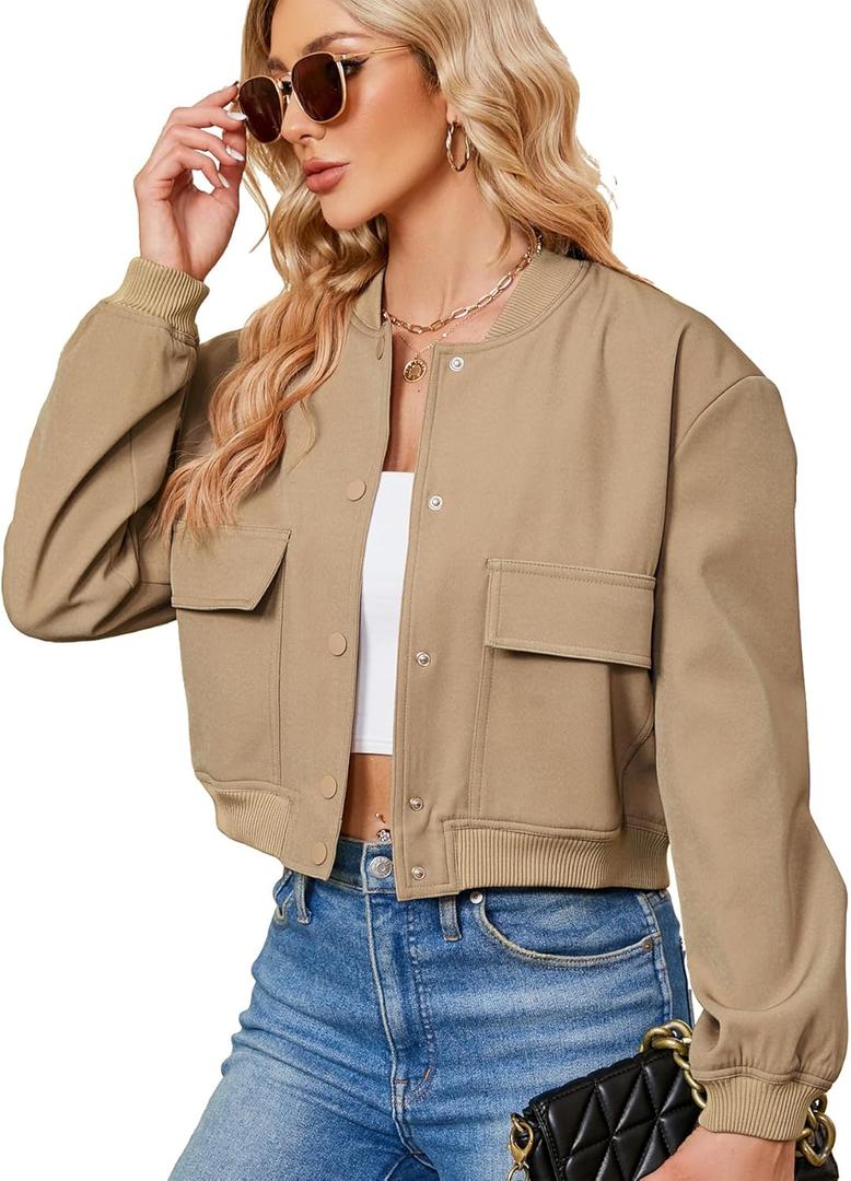 Zando Womens Bomber Jacket Button Down Short Cropped Jackets Long Sleeve Baseball Varsity Jacket Casual Jackets with Pockets (Small, Khaki)