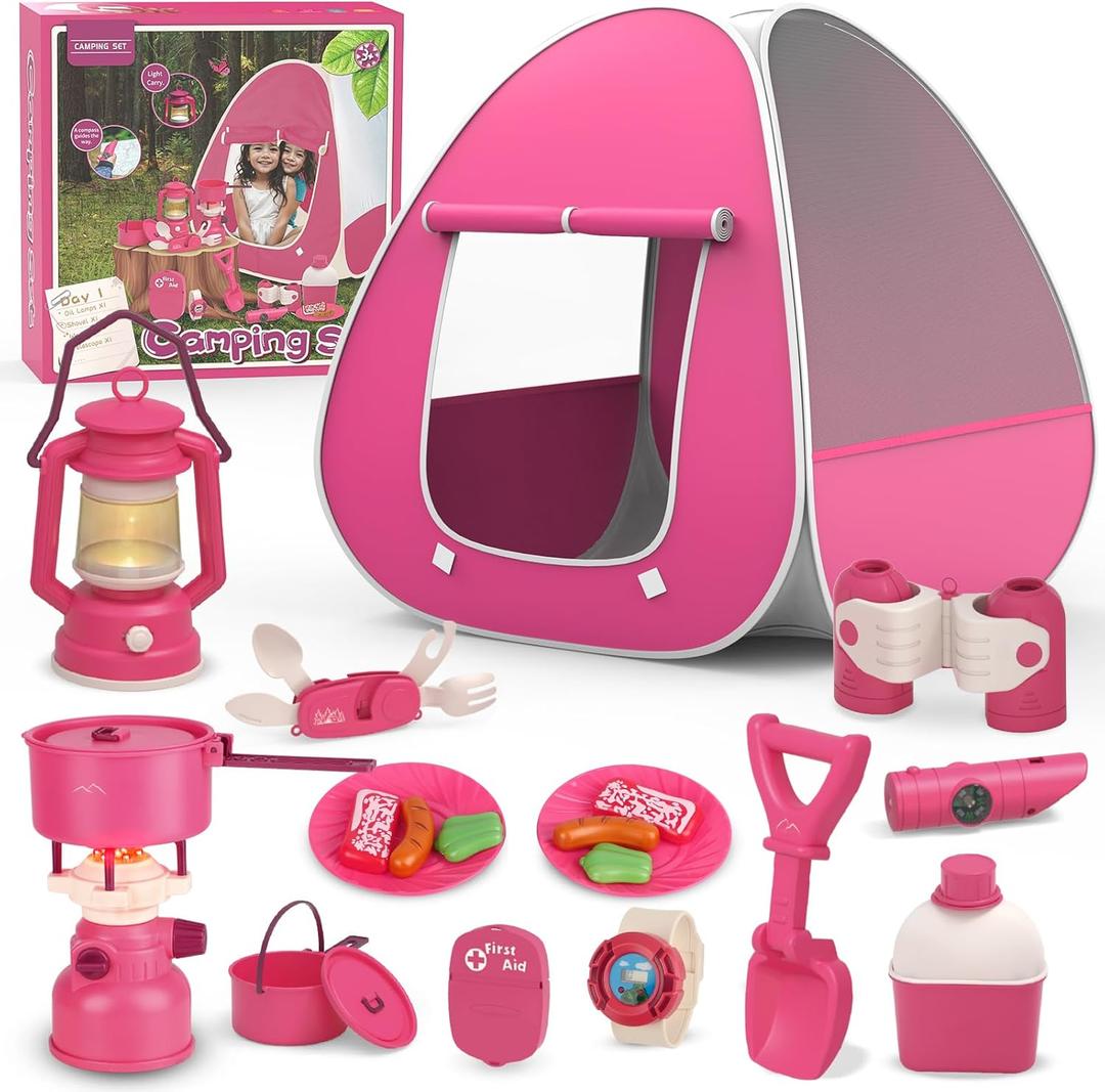 Kids Camping Set with Tent - Pop Up Tent, Kids Play Tents Outdoor Toys Camping Tools Set Gift for Girls Age 3 4 5 6 Year Old Birthday Christmas