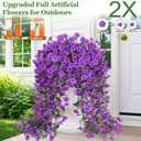 Artificial Flowers for Outdoors, Fake Hanging Flowers for Decoration, UV Resistant Artificial Outdoor Plants, 2 Pcs Artificial Petunias for Outdoors Garden Patio Porch Yard Decoration, Purple