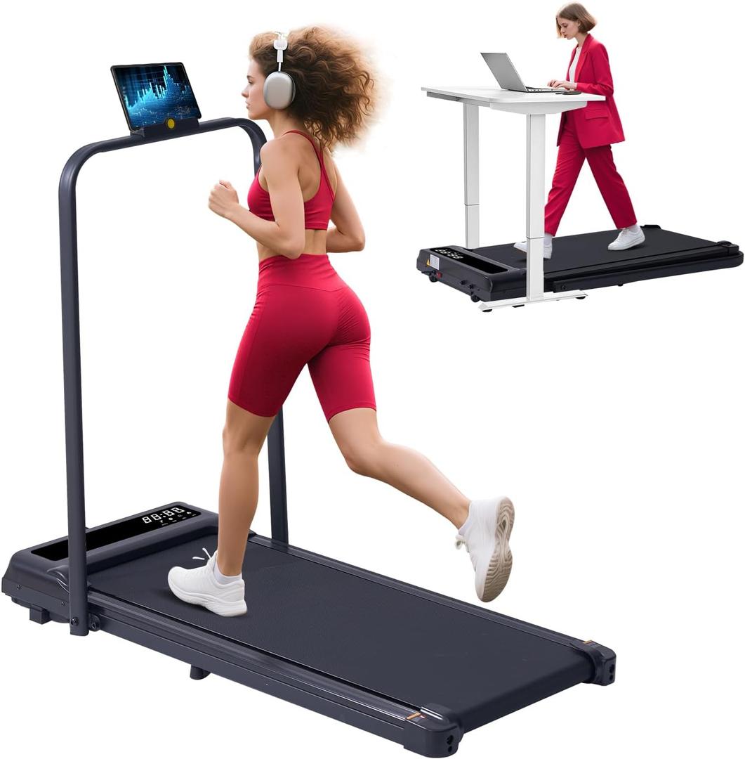 Portable Folding Treadmill with Handles, 3.0HP Walking Pad Treadmills with Handle Bar for Home and Office Small, Foldable Electric Under Desk Walking Pads Treadmill Home, LED Display, 320LBS Capacity