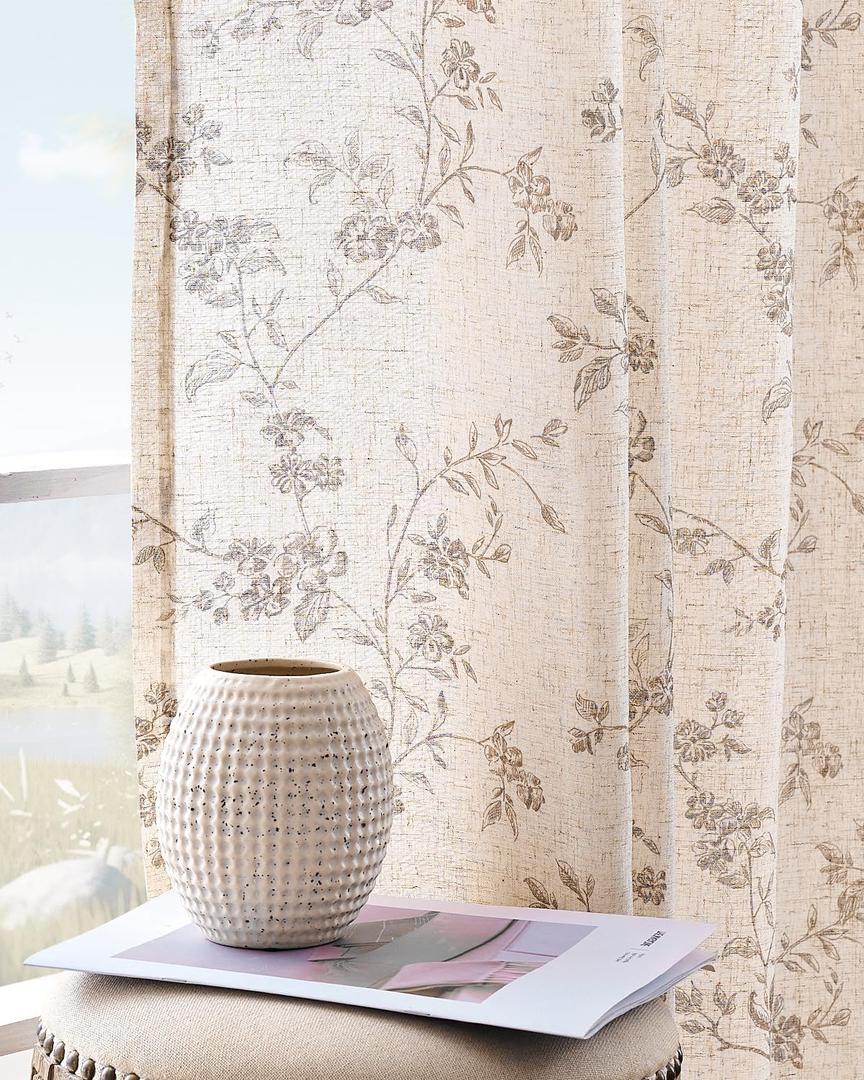 jinchan Linen Floral Curtains for Living Room 84 Inch Length Taupe Printed Curtains Back Tab French Country Farmhouse Flower Patterned Drapes Bedroom Window Curtain Set 2 Panels