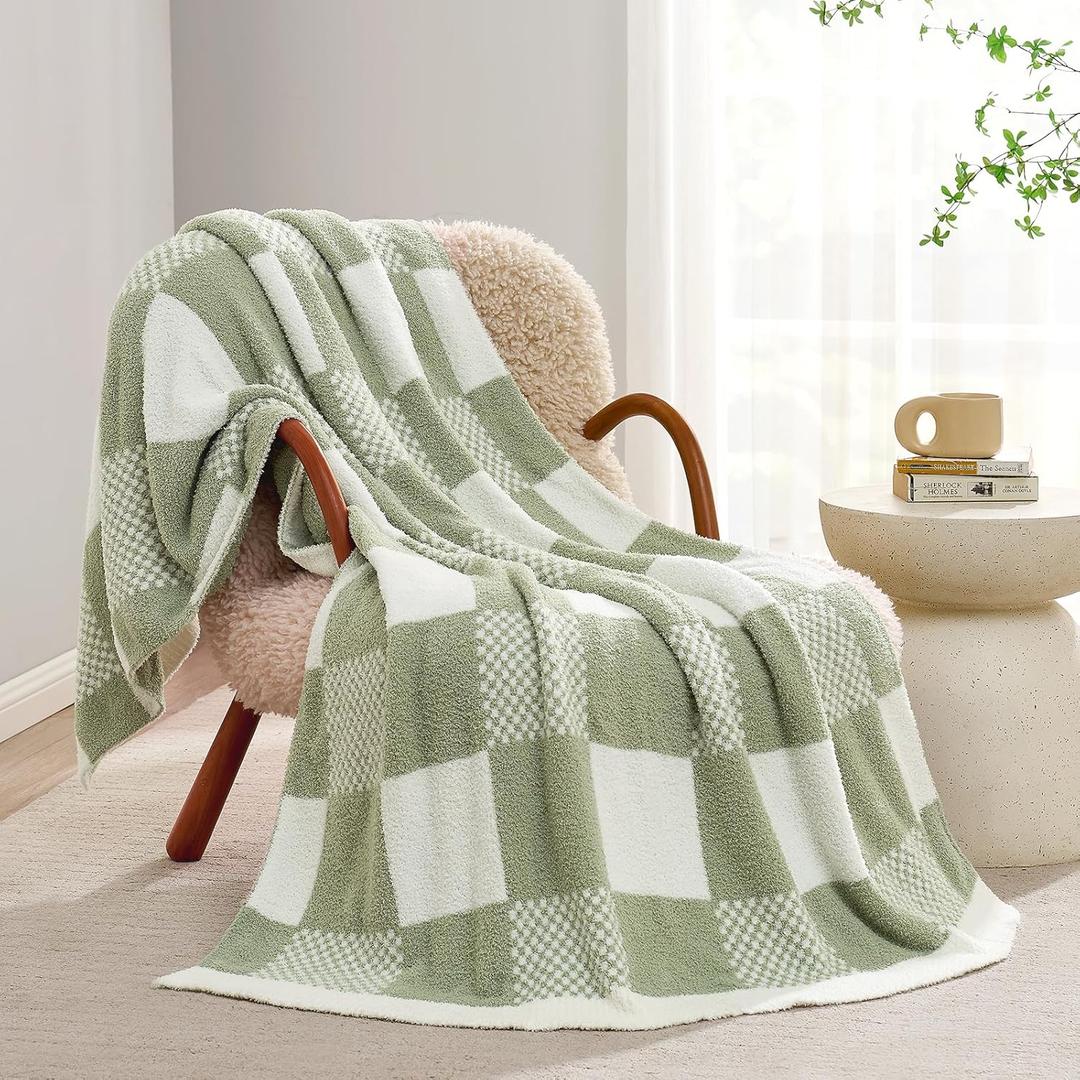 Snuggle Sac Checkered Blanket, Sage Green Throw Blanket for Couch Plaid Microfiber Fluffy Warm Cozy Fuzzy Soft Throw Blanket Reversible Checker Blankets for Sofa, Chair, Bed, 50x60 inches