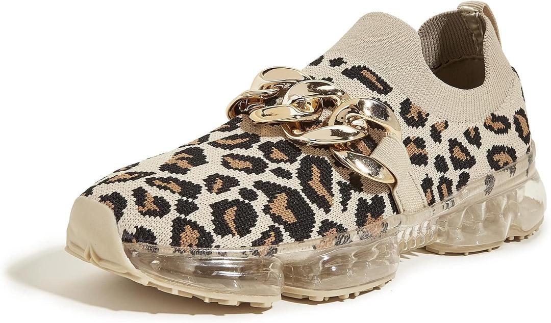 LUCKY STEP Women Air Cushion Fashion Sneakers Breathable Casual Comfortable Lightweight Walking Shoes (7, Beige/Leopard Chain)