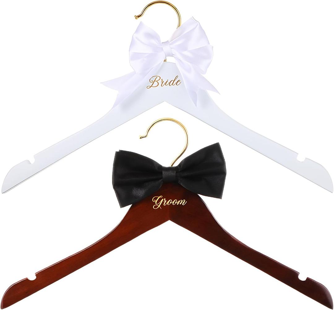 Beeveer 2 Pcs Bride Hanger for Wedding Dress Bride and Groom Wooden Wedding Dress Hanger Set with Bow Tie for Tuxedo Suit Gift Bridal Party Shower, 14.96 Inches