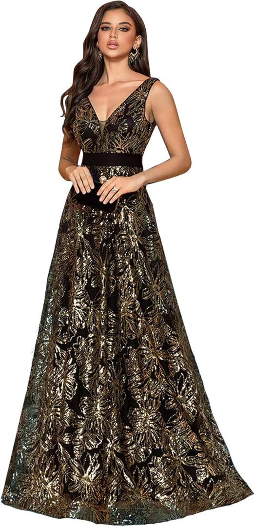 Sleeveless Glitter Sequined Womens Long Formal Gown Aline Prom Dress for Anchorwoman Floor Length Evening Dress (Large, Black Gold)