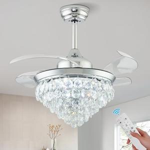 36" Dimmable Crystal Chandelier Fan with Light & Remote Controller LED Crystal Ceiling Fan Modern Crystal Fandeliers with Noiseless Motor for Bedroom Dinning Room Living Room Office (Silver)