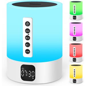 Night Light Bluetooth Speaker Alarm Clock, Sound Machine with White Noise, Touch Bedside Lamp, Dimmable Warm White Light, 48 RGB Color Changing, Ideal Gifts for 10-15 Year Old Teenage Boys Girls