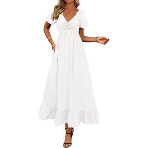 BTFBM Womens Summer Dresses 2026 Casual Short Sleeve V Neck Drawstring Wedding Guest Maxi Dresses Boho Beach Long Dress, Size: Medium