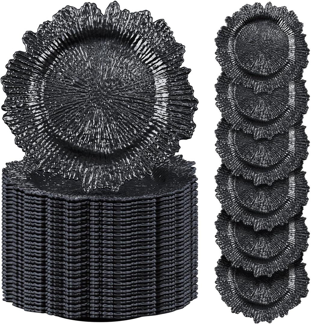Tanlade 100 Pcs Reef Charger Plates Bulk 13 Inch Plastic Wedding Chargers Floral Decorative Plates with Metallic Ruffled Rim for Wedding Party, Holiday Event Supplies(Black) (Classic Style)
