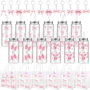 Remerry 12 Set Pink Bow Party Favors, Pink Bow Clear Gift Bags with Handle Plastic Cups with Lid and Straw 13.5 Oz, Acrylic Keychains for Coquette Birthday Party Bridal Shower Gifts, 11 Caps