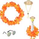 Summer Porch Goose Costume, Hawaiian Porch Goose Outfits Garland Straw Hat Sunglasses Outfit Set Summer Concrete Statue Clothes for 23"/17" Outdoor Patio Yard Lawn Hawaiian Lei Clothing (Orange)