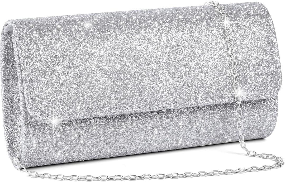 OSDUE Evening Bag Clutch Purses, Rhinestones Purse Silver Sparkling Wedding Party Purse Envelope Evening Bag with Detachable Chain for Women