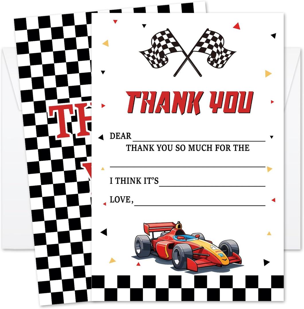 Race Car Birthday Party Thank You Cards for Boys Girls, Kids Thank You Cards Fill in the Blank, 20pcs Birthday Greeting Cards With Envelopes, Baby Shower Party Supplies /09