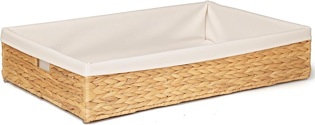 Under Bed Storage Hand Woven Water Hyacinth Underbed Storage Basket for Bedroom, Underbed Storage Basket with Liner, Large Wicker Bed Storage Bin Fits Under Bed (30.7″×19.7″×6.3″, 60L)