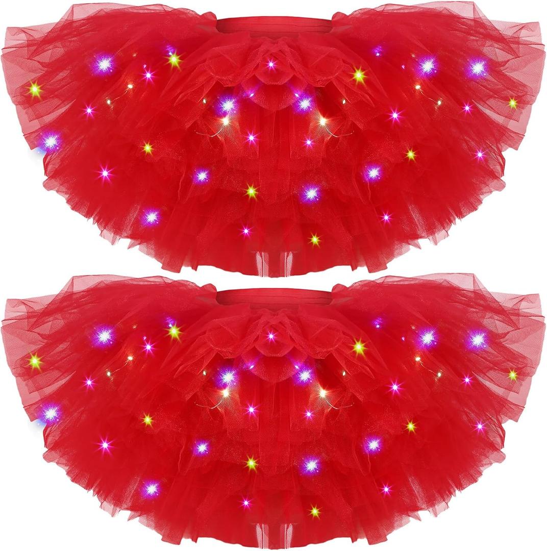 Crowye LED Tutu Skirt Light up Tutus 5 Layered Neon Tulle Skirt for Women 80's Party Valentine's Day New Year Glitter Costume (Red) 2 Pack 