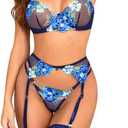 Kaei&Shi Floral Embroidered Garter Belt Set,Sheer Lingerie Sets for Women Sexy,Wedding Night Valentines Boudoir Outfits (16, Blue)