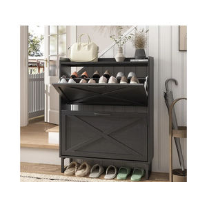 Maupvit Shoe Storage Cabinet with 2 Flip Drawers, Freestanding Organizer with Metal Legs for Entryway, Narrow Shoe Rack Cabinet, Black