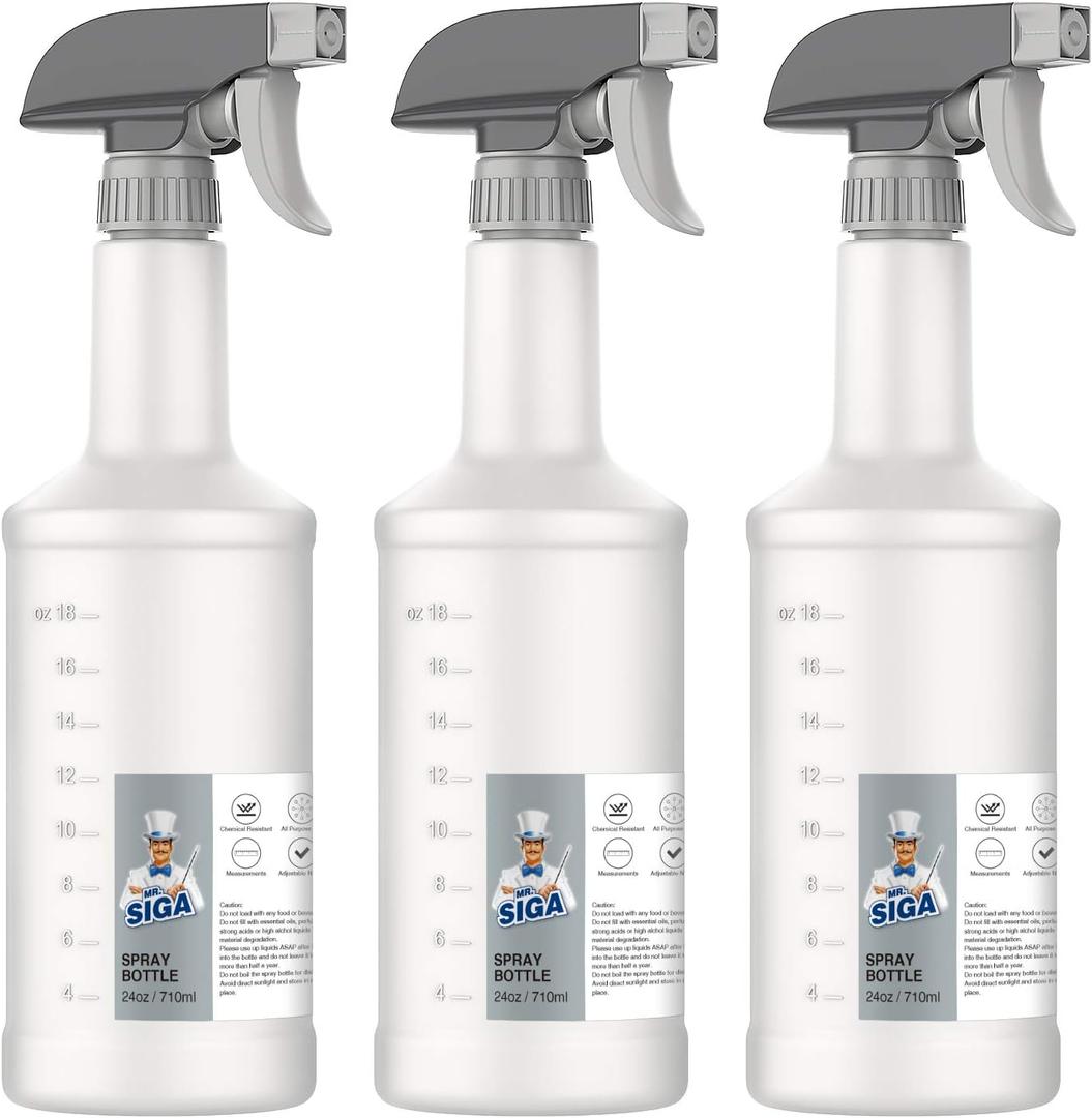 MR.SIGA 24 oz Empty Plastic Spray Bottles for Cleaning Solutions, Heavy Duty Household Reusable Spray Bottles with Measurements and Adjustable Leak Proof Nozzle, 3 Pack