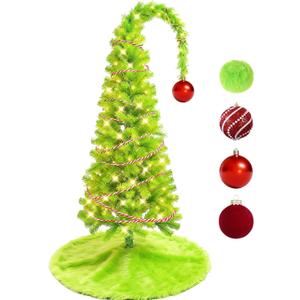 5FT Whimsical Bendable Christmas Tree with Green Plush Tree Skirt 4 Christmas Balls Ornament & String Lights, Lime Green Artificial Xmas Tree for Indoor Holiday Decoration, Easy Assembly