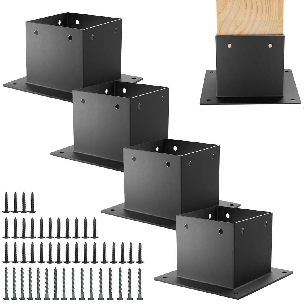 4x4 Stainless Steel Deck Post Base 4pcs | Internal 3.5"X3.5"| 13ga Thick Matte Black Powder Coating Post Anchor , 4x4 Post Bracket for Wood Posts, Fence, Deck Railing, Handrail Railing Support