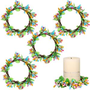 VOSAREA 4pcs Candle Rings Wreaths: Berry Easter Candle Ring - Spring Artificial Votive Wreaths - Easter Farmhouse Table Garland Decoration for Home Party