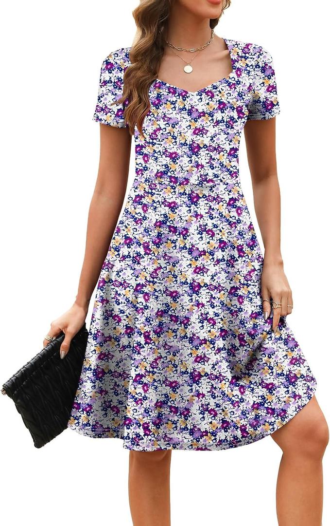 Women's Elegant Vintage Summer Sweetheart Neck Short Sleeve Casual Work Party Business A-Line Dress 163