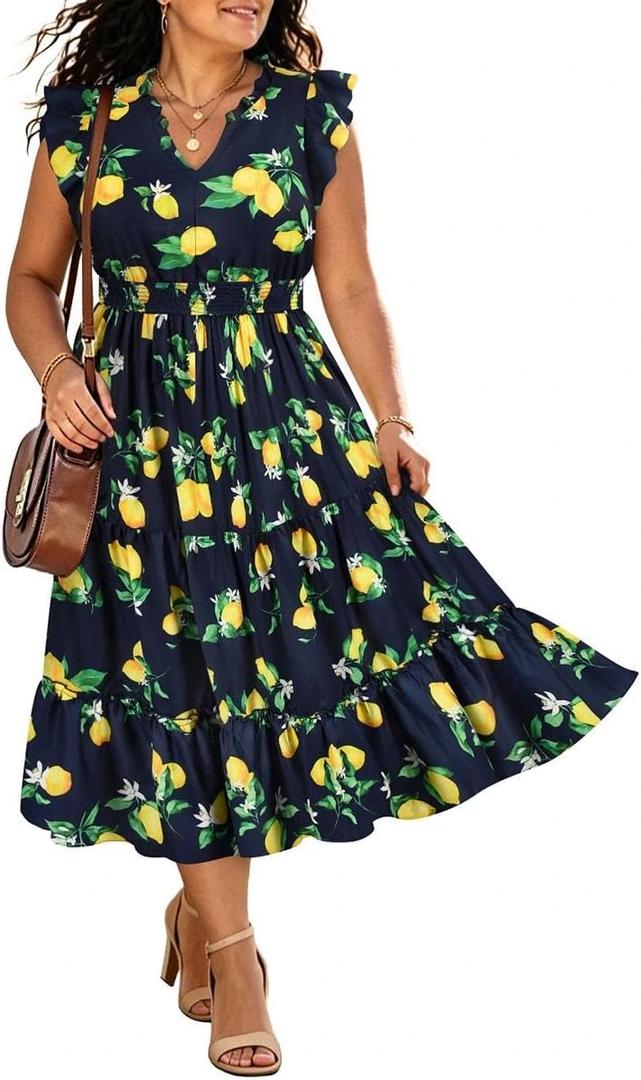 RITERA Plus Size Dress for Curvy Women Summer Cap Sleeve V Neck Maxi Dress Boho Dresses Floral/Gliiter 2XL