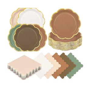 Woodland Baby Shower Decorations - 100pcs Sage Green and Brown Forest Scalloped Plates and Napkins Set for Birthday, Baby Shower, Wedding