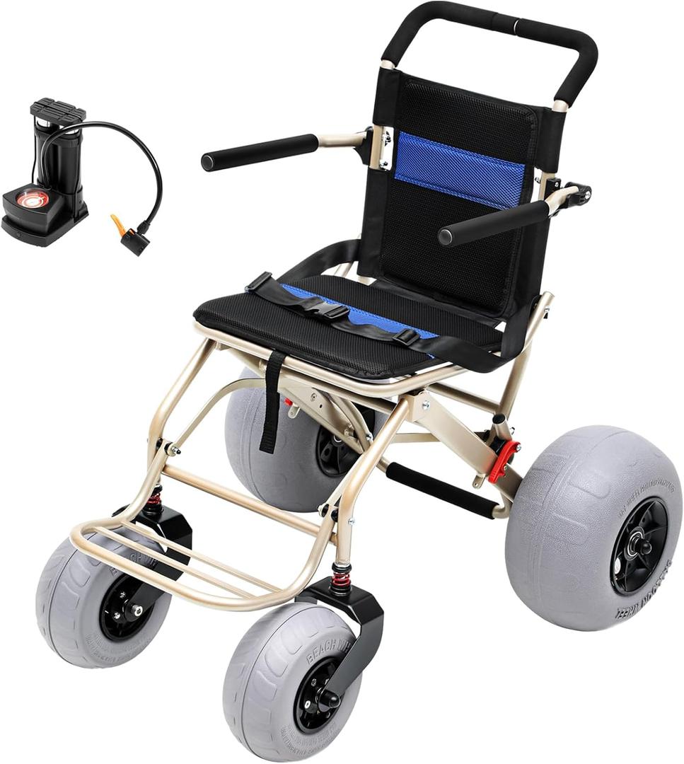Beach Wheelchair with 12" Balloon Tires, All-Terrain Portable Off-Road Wheelchair with Oversized Wheels, Aluminum Beach Chair for Seniors (Large Size)