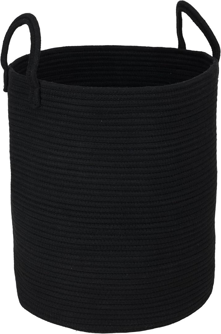 Black Cotton Rope Laundry Basket Hamper for Clothes Woven Storage Basket for Living Room Bedroom Boho Tall Rope Baskets for Blanket Toys Pillow Towels Baby Nursery Hamper Bin Large (Regular)