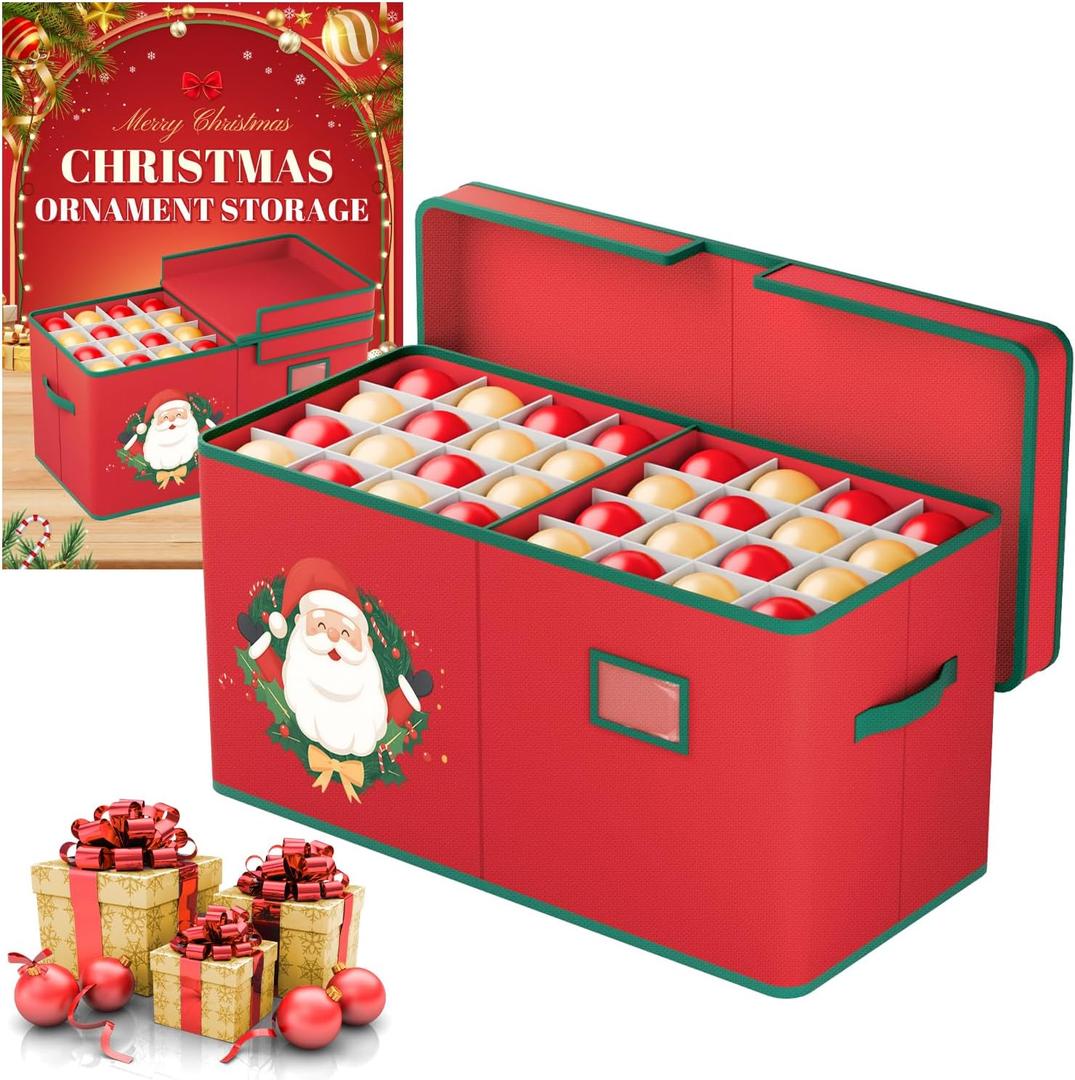 Christmas Ornament Storage Box Christmas Ornament Storage Organizer with Adjustable Divider 128 Ornaments 600D Oxford Fabric Christmas Storage Containers Holiday Ornament Storage Box (Red)