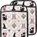 4 x Coquette Bow Halloween Black Cat Pot Holders with Pockets, Preppy Pink Floral Witchy Halloween Oven Pot Holders Heat Resistant Oven Mitts Hot Pads for Kitchen Baking Cooking, Set of 2