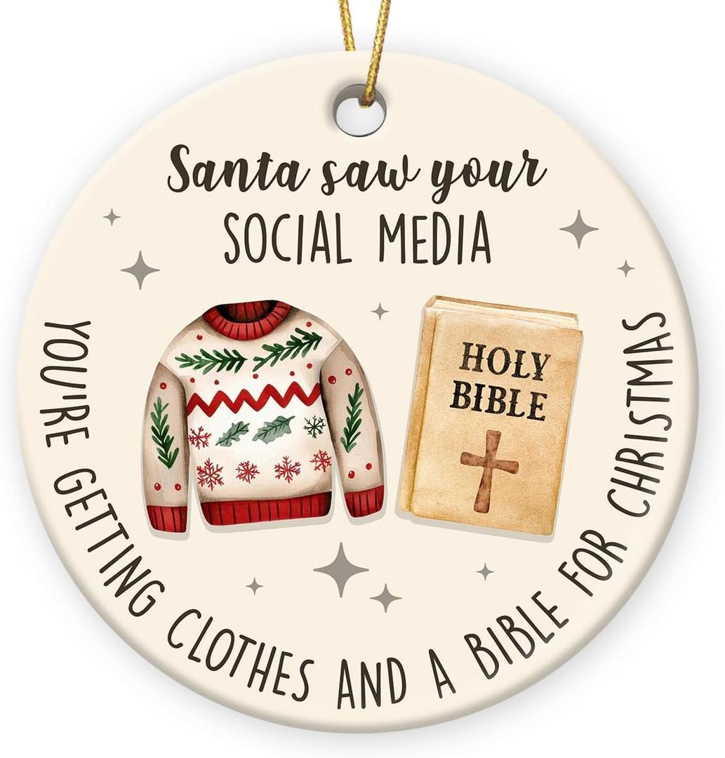 3 x Funny Christmas Ornament 2025 - Santa Saw Your Social Media Ceramic Ornaments, White Elephant Gift Exchange for Women, Friend, Coworker, Family, Gag Gifts for Adults